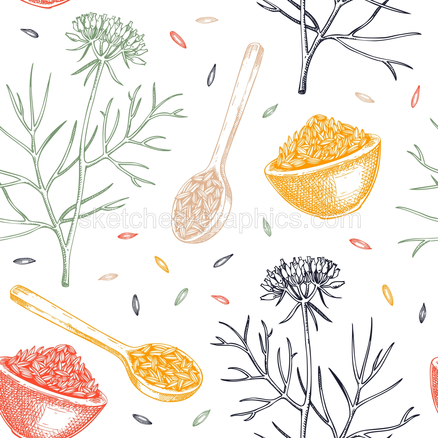 Cumin seamless pattern. Kitchen spice sketches. Indian herbs and spices background. Hand-drawn vector illustration. NOT AI generated Illustration